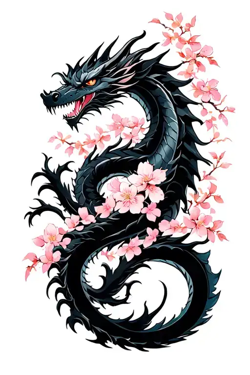 Have A Black Dragon Swirling Around The Arm With A Base Of Cherry Blossom