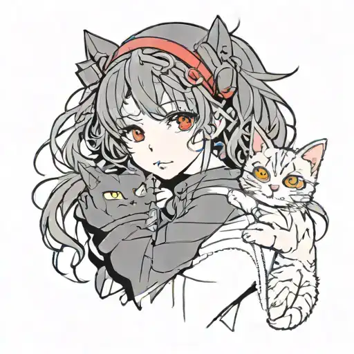 Anime Girl Sketch Drawing Black Eyes Black Hair In Hands Holding A Cat In The Background Red Eyes