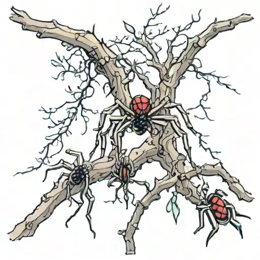 Spiders In A Tree Branch
