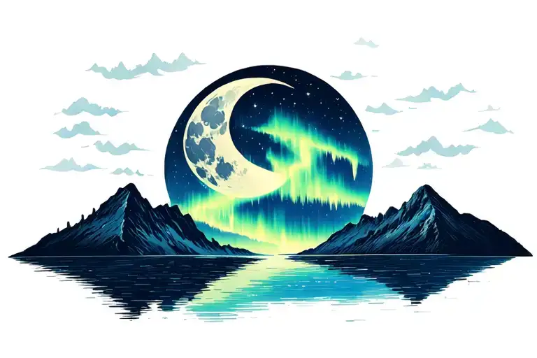 Moon With Northernlights Background Night Sky Over Mountain With Lake