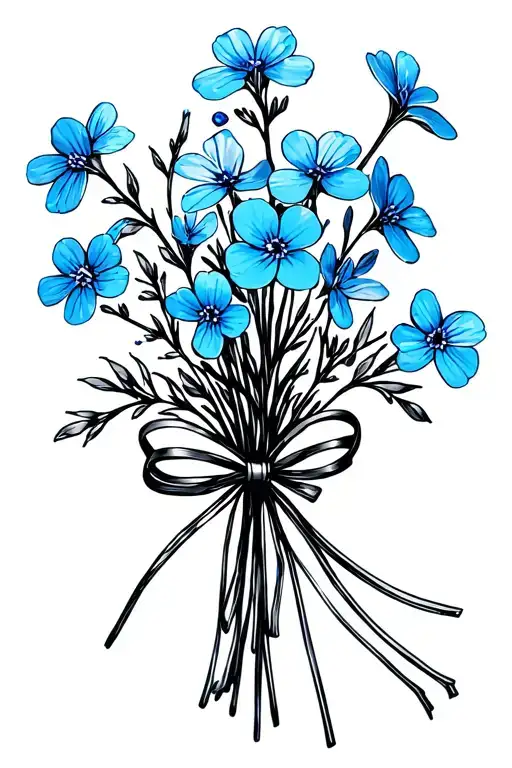 A Small Dainty Black Bouquet Of Forget Me Nots With Thin Lines And Tied Together With A Small Bow