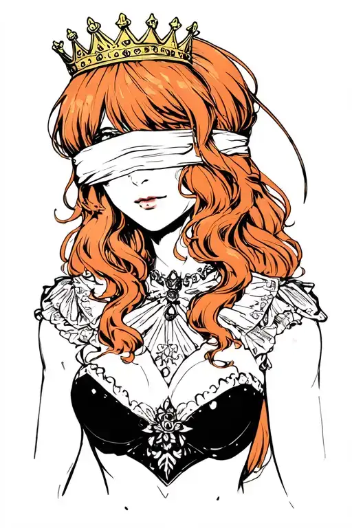 A Blind Queen With Dark Ginger Hair Wearing A Blindfold Covering Her Eyes And A Crown