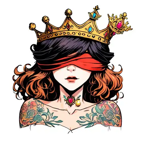 A Blind Queen With Dark Ginger Hair Wearing A Blindfold Covering Her Eyes And A Crown