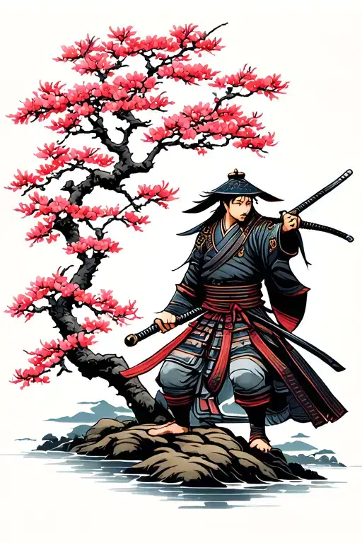 Samurai On A Japanese Cherry Tree