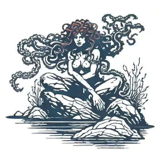Silhouette Of Medusa With Red Eyes Sitting On Rock In Middle Of Lake