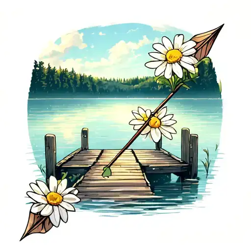 A Pier On A Lake With An Arrow Piercing Through It Wrapped In Daiseys