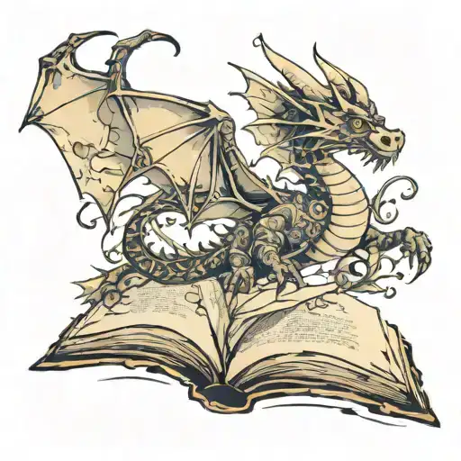Old School Dragon Flying Out Of A Book Pages Turning Into Birds