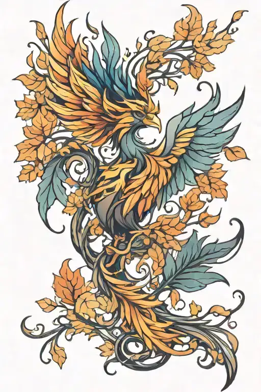 Autumn Phoenix Rising From Leaves Forming The Shape