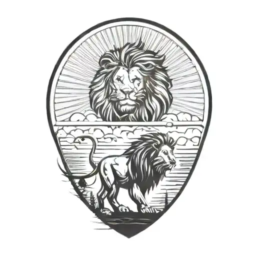 Lion Silhouette Walking Along Horizon In The Background With Sun In Sky