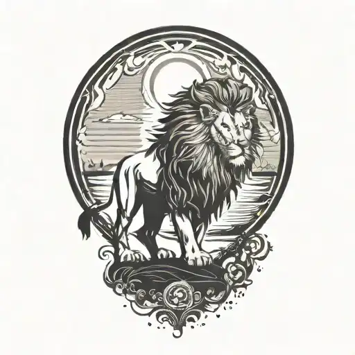 Lion Silhouette Walking Along Horizon In The Background With Sun In Sky