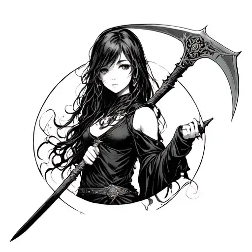 Close Up Girl Holding A Scythe In Her Hand Black And White