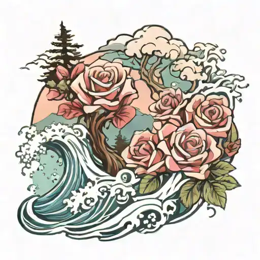 Redwood Trees And Roses And Ocean Wave Crashing