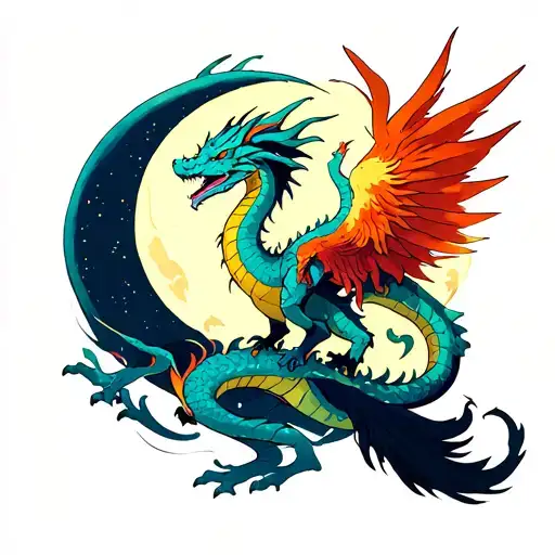 A Dragon And A Phoenix Around A Moon