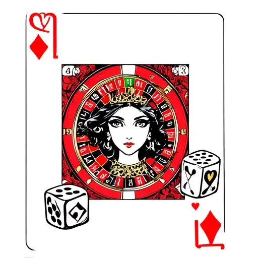 Queen Of Hearts Card With Pair Of Dice Rolling And With Half Of Roulette Wheel