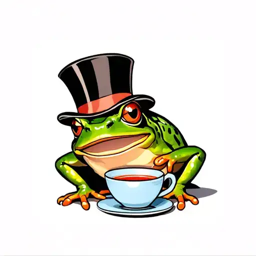 Frog Whereing A Top Hat While Drinking Tea Cup