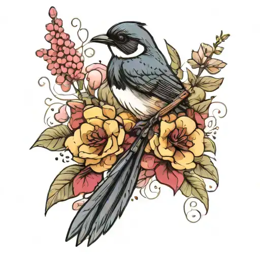 Willie Wagtail Bird With Flowers