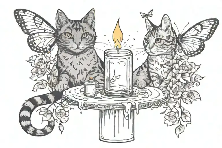 A Candle With Moths Flying Around It And A Cat Next To It That Wants To Catch Them
