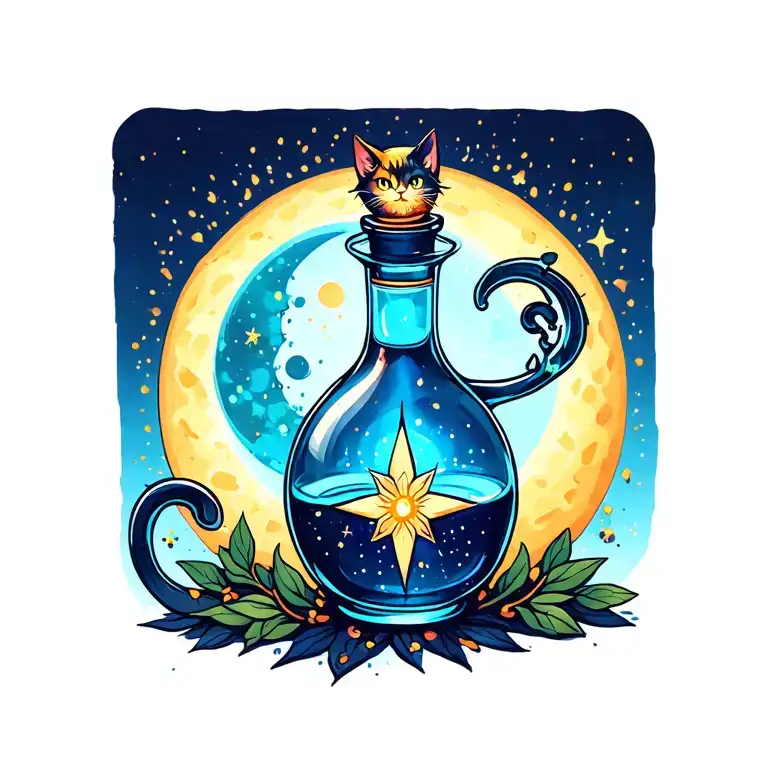 Cat Potion Bottle Surrounded Sun Star Moon
