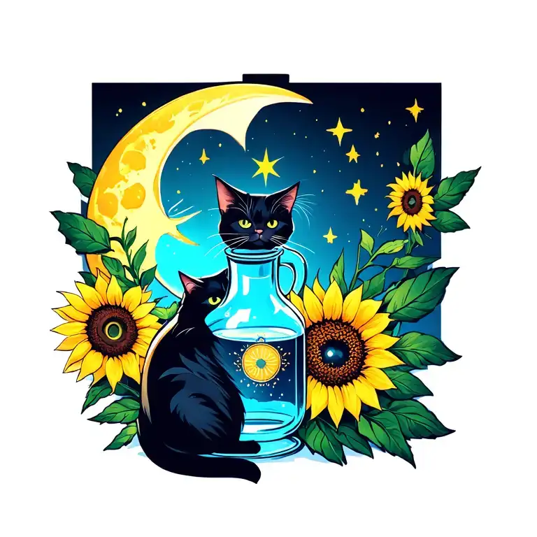 Cat Potion Bottle Surrounded Sun Star Moon Sunflower