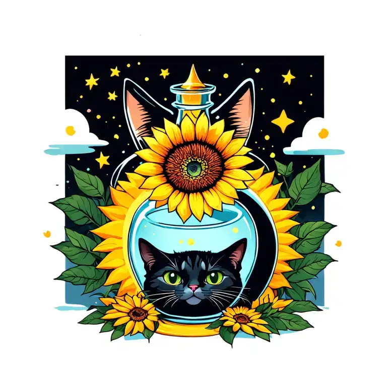Cat Potion Bottle Surrounded Sun Star Moon Sunflower