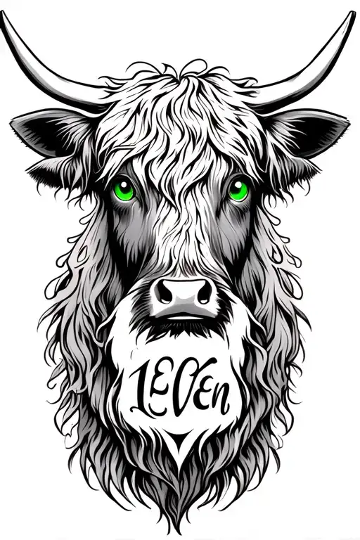 Highland Cow Face With Green Eyes With Eleven Writing Going Up The Forearm