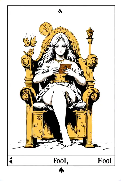 The Fool Tarot Card Girl Sitting In Throne Holding A Card