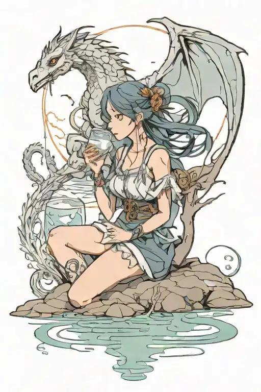 A Tattoo Design Of A Graceful Thestral Drinking Water From A Moonlit Lake While A Small Girl Waits