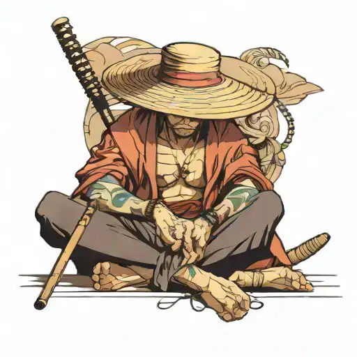 Sleep Deprived Samurai Wearing Straw Hat Sitting