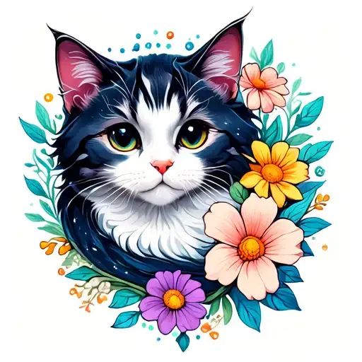 Cat Curled Around Flowers In Outer Space Surrounded