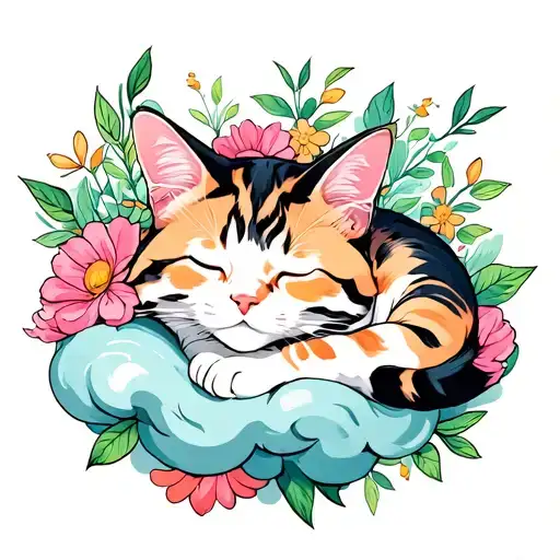 Cat Sleeping On Cloud Wrap Around Flowers