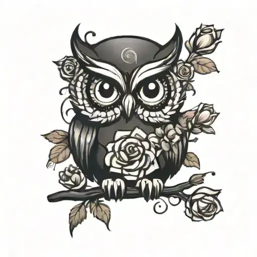 Cute Dark Owl With 3 Roses
