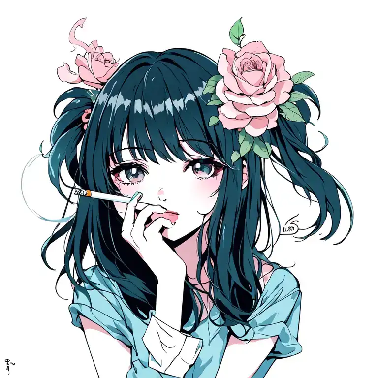 Gute Anime Girl With Dark Long Hair Smoking A Cigarette While Thinking About Life