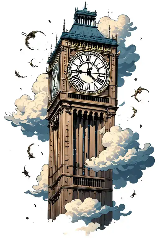Clock Tower Surrounded By Clouds Floating With Roman Numerals And Coordinates Next To It