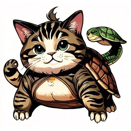 Cute Fat Cat With A Turtle Riding On The Back