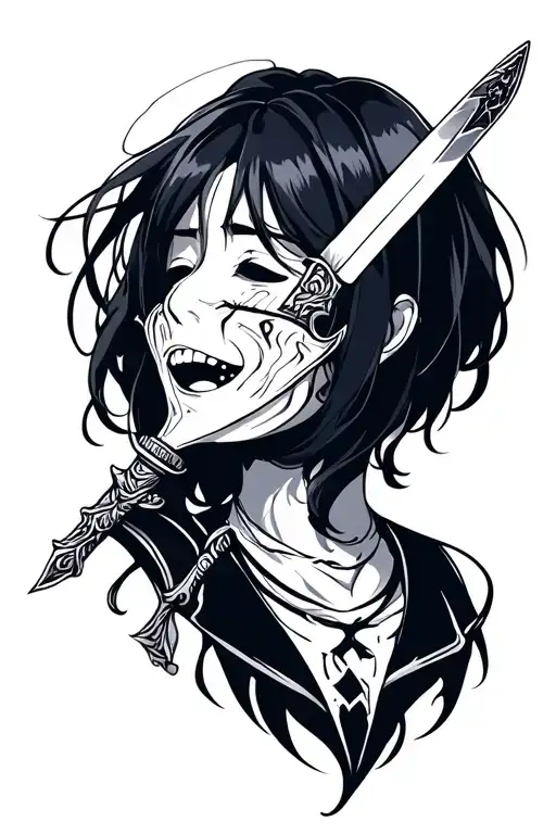 Woman Crying With A Smiling Mask Half And A Dagger In The Back