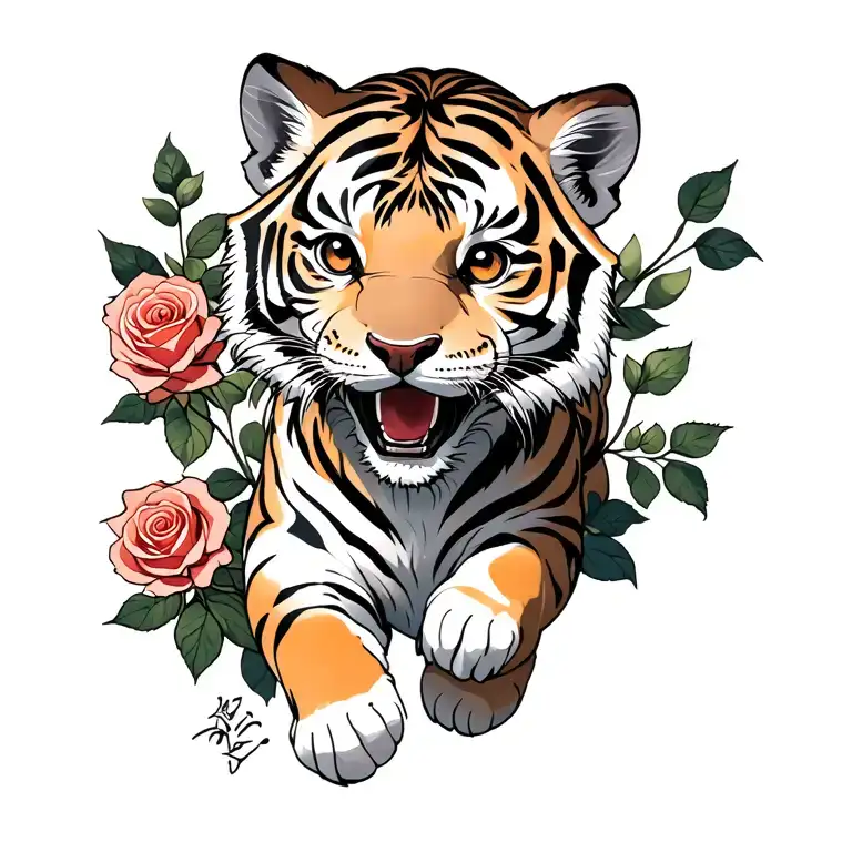 Tiger Cub Chasing Roses