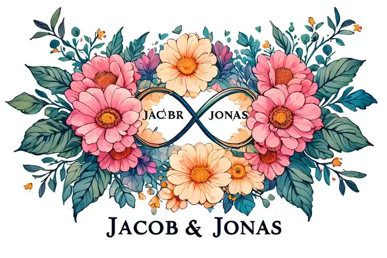 Light Flowery Feminine Tatoo With The Names Jacob & Jonas And An Infinity Sign