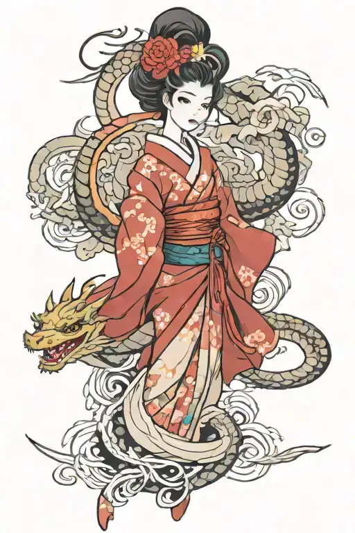 Anime Geisha Surrounded A Dragon Wrapped