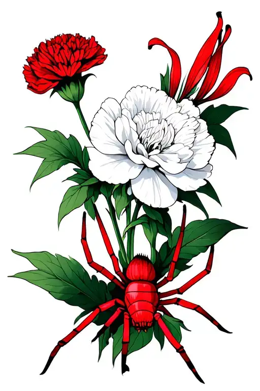 White Carnation With Red Striped Carnation And Spider With Red Spider Lily