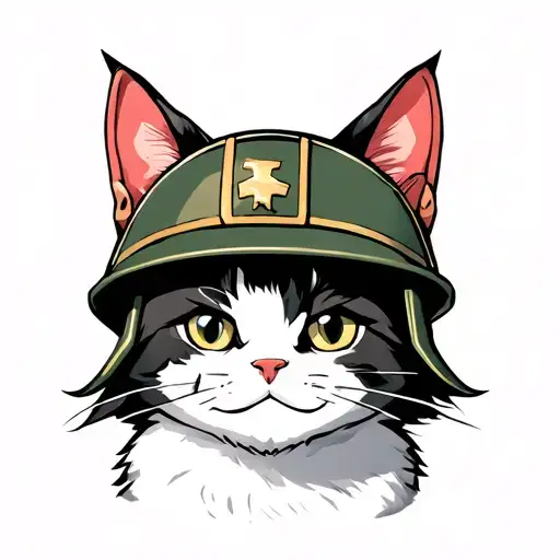 Cat With A Soldier Helment Smiling Deviusly