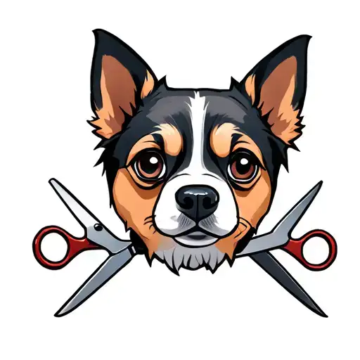 Dog's Head With Narrow Eyes And With Scissors From Behind