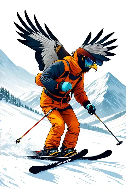 A Skier Skiing On The Mountain Next To A Hawk