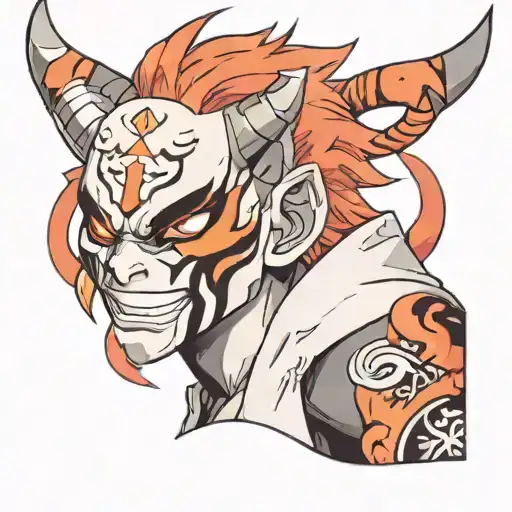 Boy With Fire Hair And Black Eyes Wearing An Oni Mask