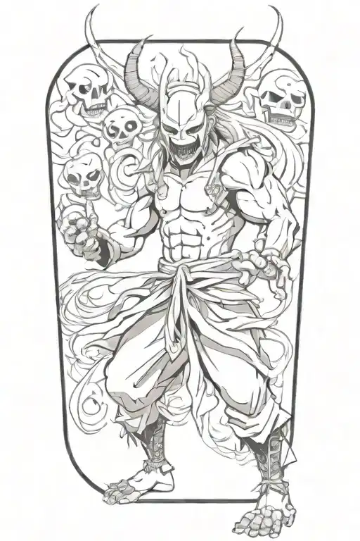 Anime Character Full Body Wearing A Oni Mask Fighting Off Inner Demons With Minimal Black Areas