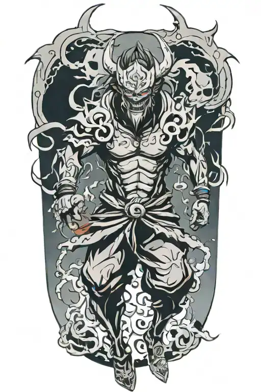 Anime Character Full Body Wearing A Oni Mask Fighting Off Inner Demons With Minimal Black Areas