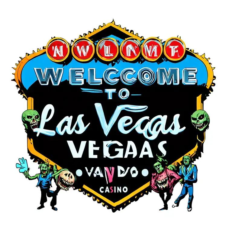 Scary Welcome To Las Vegas Sign With Scary Casino Mascots Around It