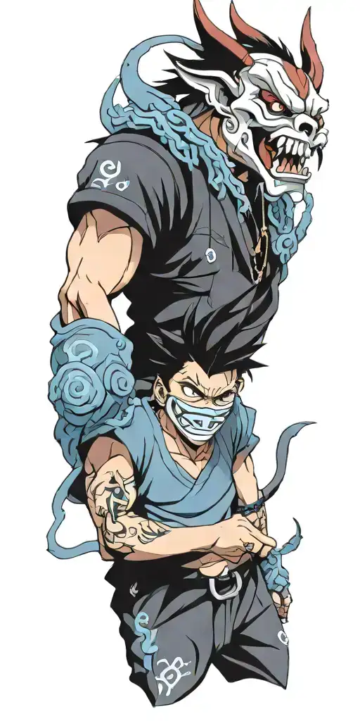 Male Anime Character Wearing Oni Mask Fighting Off Inner Demons