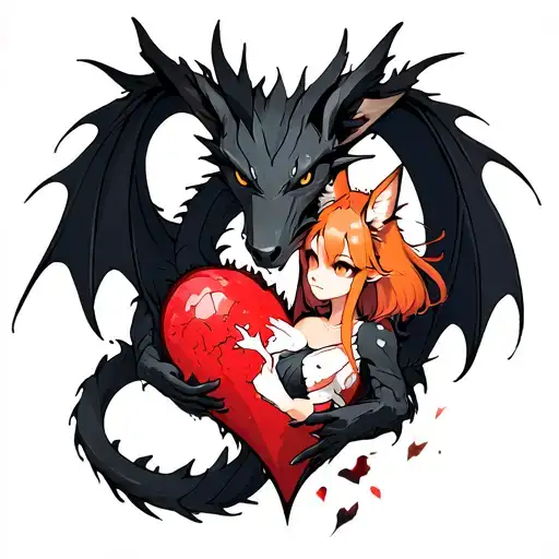 Tattoo Of A Black Dragon Wrapped Around A Shattered Heart Held By An Anime Fox Girl