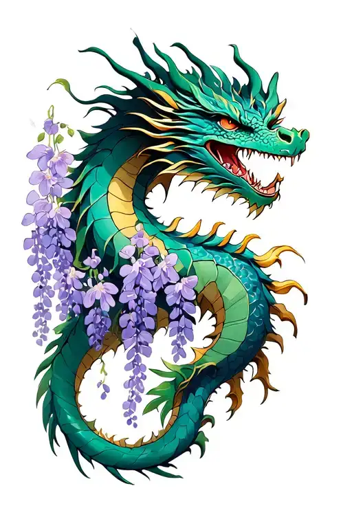 Dragon And Wisteria Flowers Entangled