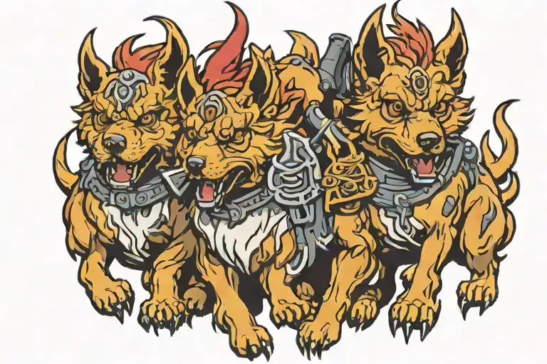3 Headed Cerberus With A Weapon Being Held
